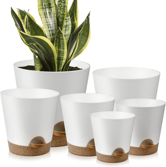 Indoor Self Watering Planters with Drainage Holes and Saucers, 8, 7, 6.5, 6, 5.5, 5 Inches, White, 6 Pots