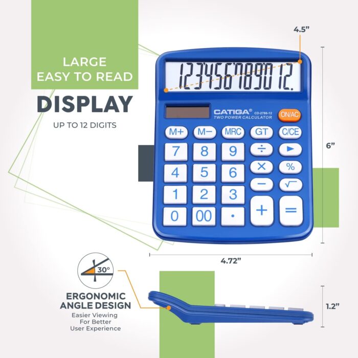 Desktop Calculator 12 Digit with Large LCD Display and Sensitive Button, Solar and Battery Dual Power, Standard Function for Office, Home, School, CD-2786 (Blue) - Image 3