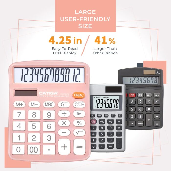 12 Digits Desktop Calculator with Large LCD Display and Sensitive Button, Dual Solar Power and Battery, Standard Function for Office, Home, School, Cd-2786(Light Pink) - Image 7