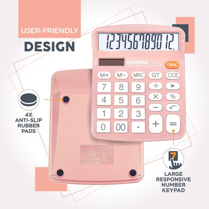 12 Digits Desktop Calculator with Large LCD Display and Sensitive Button, Dual Solar Power and Battery, Standard Function for Office, Home, School, Cd-2786(Light Pink) - Image 5