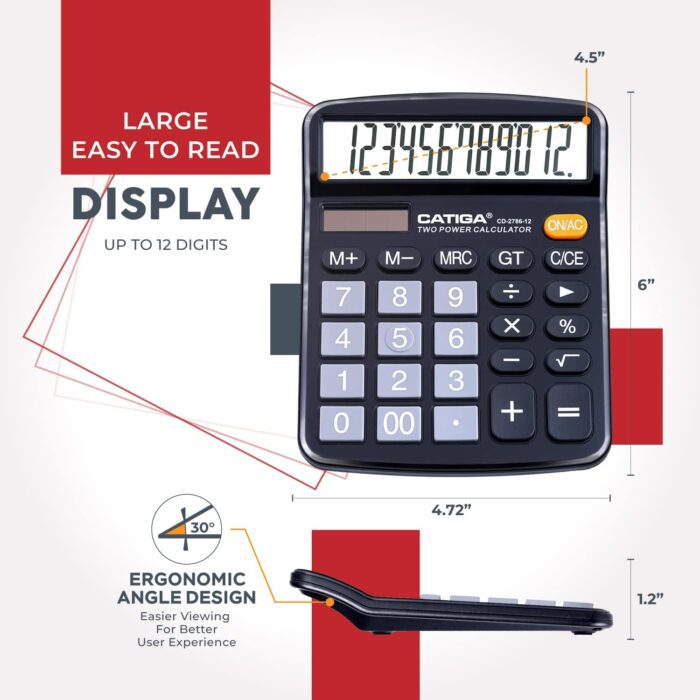 12 Digits Desktop Calculator with Large LCD Display and Sensitive Button, Dual Solar Power and Battery, Standard Function for Office, Home, School, CD-2786 - Image 3