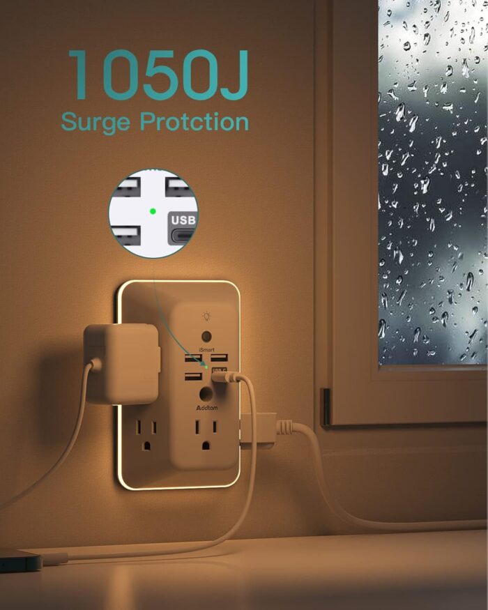 Surge Protector, Outlet Extender with Night Light,  5-Outlet Splitter and 4 USB Ports(1 USB C), Multi Plug Wall Outlet for Home Office Dorm Room Essentials - Image 8