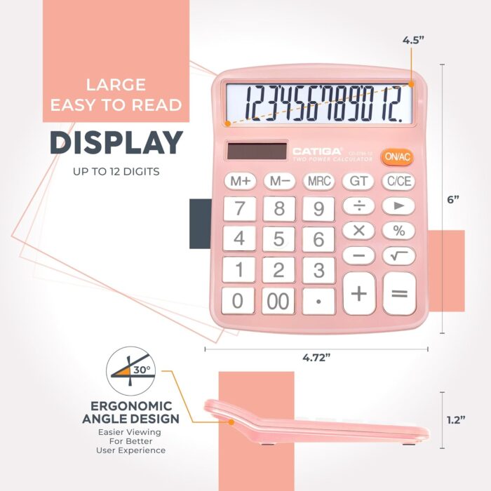 12 Digits Desktop Calculator with Large LCD Display and Sensitive Button, Dual Solar Power and Battery, Standard Function for Office, Home, School, Cd-2786(Light Pink) - Image 3