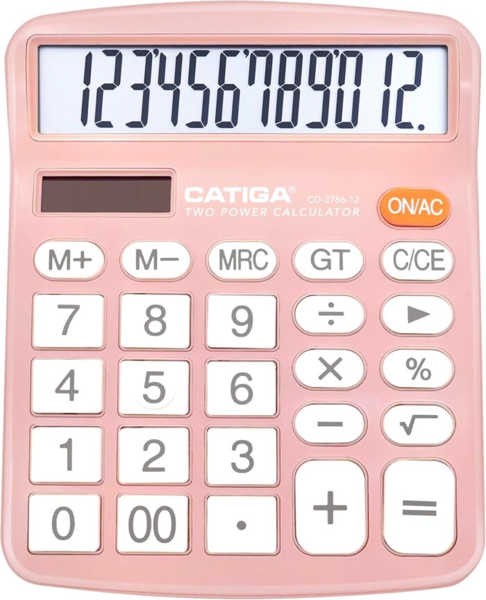 12 Digits Desktop Calculator with Large LCD Display and Sensitive Button, Dual Solar Power and Battery, Standard Function for Office, Home, School, Cd-2786(Light Pink)