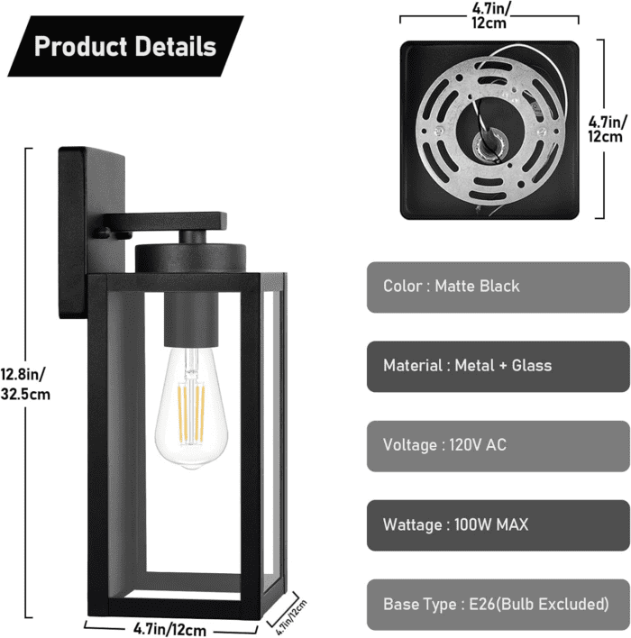 Outdoor Wall Light Fixtures, Exterior Waterproof Lanterns, Porch Sconces Wall Mounted Lighting with E26 Sockets & Glass Shades, Modern Matte Black Wall Lamps for Patio Front Door Entryway, 2-Pack - Image 7