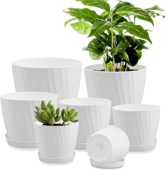 7 Pcs Plant Pots with Drainage Holes and Saucers, Indoor Planters, Set of 7 (7.5, 7, 6.5, 6, 5.5, 4.5, 3.5 Inches), White