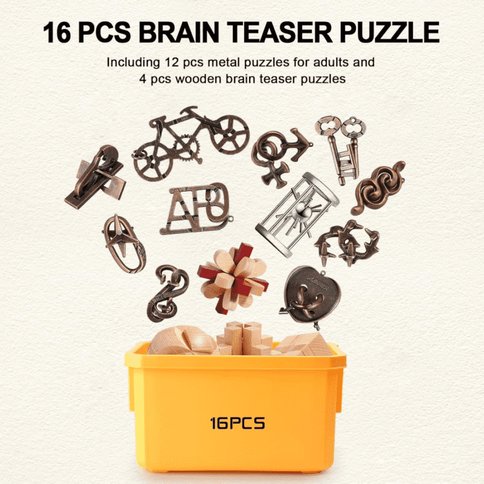 Brain Teaser Puzzles for Adults Disentanglement Puzzles Metal Wooden Brain Teaser Puzzle 16Pcs Logic Metal Puzzle for Adult Kid Toy Lock Puzzles Gift for Adults Teenagers - Image 2