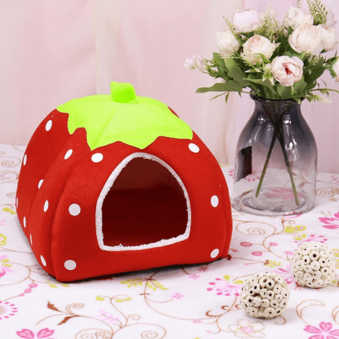 Guinea Pig Bed Rabbit Hideout Warm Fleece Cuddle Cup Washable Winter Sleeping House for Small Pet/Ferret/Chinchilla/Bunny (Strawberry Style) - Image 3