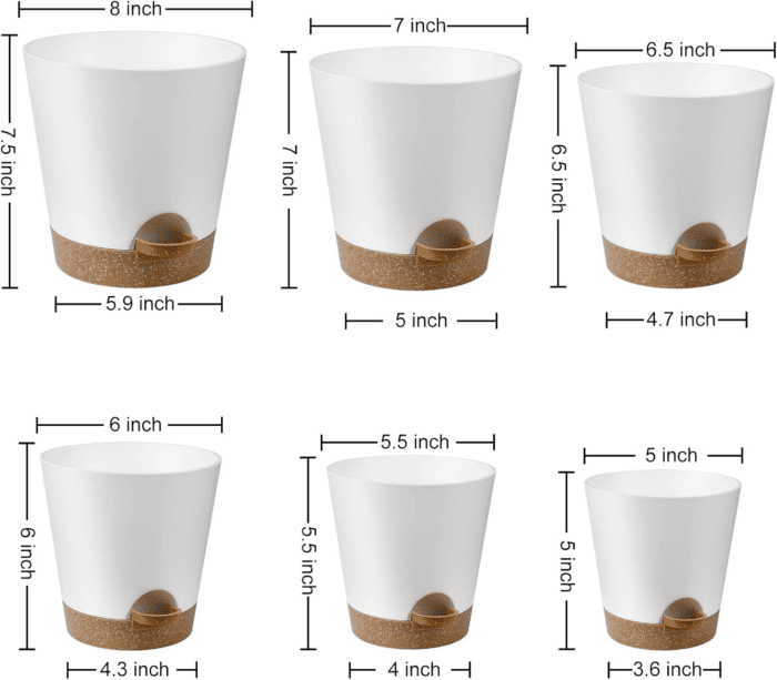 Indoor Self Watering Planters with Drainage Holes and Saucers, 8, 7, 6.5, 6, 5.5, 5 Inches, White, 6 Pots - Image 4