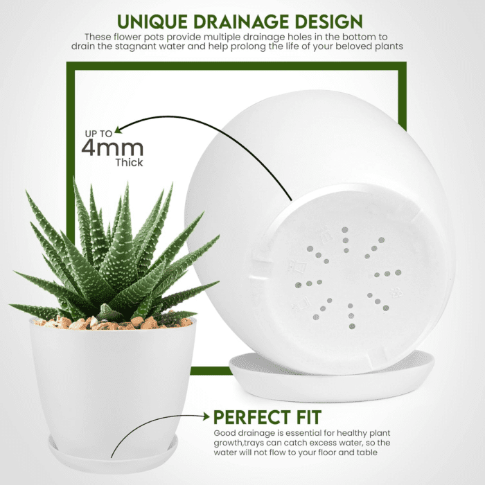 - Plant Pots Indoor with Drainage - 7/6.6/6/5.3/4.8 Inches Flower Pots for Indoor Planter - 5 Pack Plastic Planters - Ideal for Stocking Stuffers or Home Christmas Decorations - White - Image 3