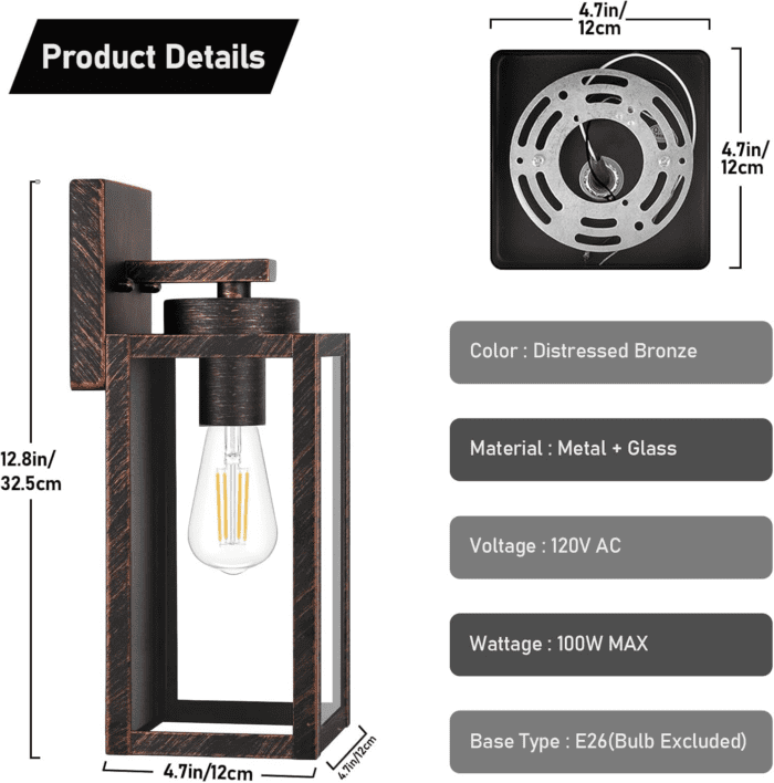 2-Pack Outdoor Wall Light Fixtures, Exterior Waterproof Wall Lanterns, Porch Sconces Wall Mounted Lighting with E26 Sockets & Glass Shades, Modern Wall Lamps for Patio Front Door, Brown - Image 5