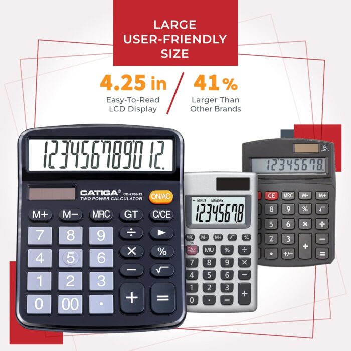 12 Digits Desktop Calculator with Large LCD Display and Sensitive Button, Dual Solar Power and Battery, Standard Function for Office, Home, School, CD-2786 - Image 7