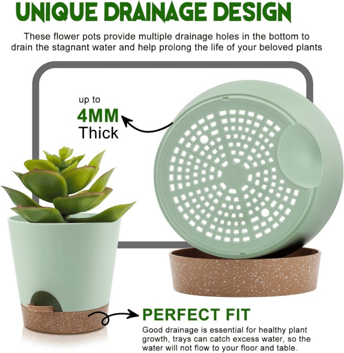 Indoor Self Watering Planters with Drainage Holes and Saucers, 9,8, 7.5 Inches, Green, 3 Pots (Springgreen) - Image 3