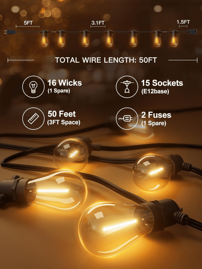 50FT LED Outdoor String Lights with Edison Shatterproof Bulbs, Weatherproof Strand, Commercial Grade Patio Lights, Decorative for Garden or Patio, Black - Image 5