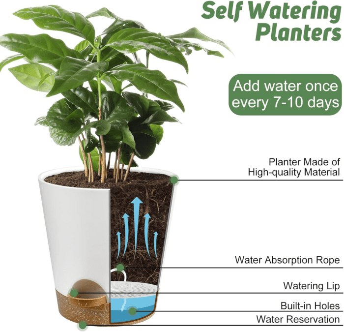 Indoor Self Watering Planters with Drainage Holes and Saucers, 8, 7, 6.5, 6, 5.5, 5 Inches, White, 6 Pots - Image 5