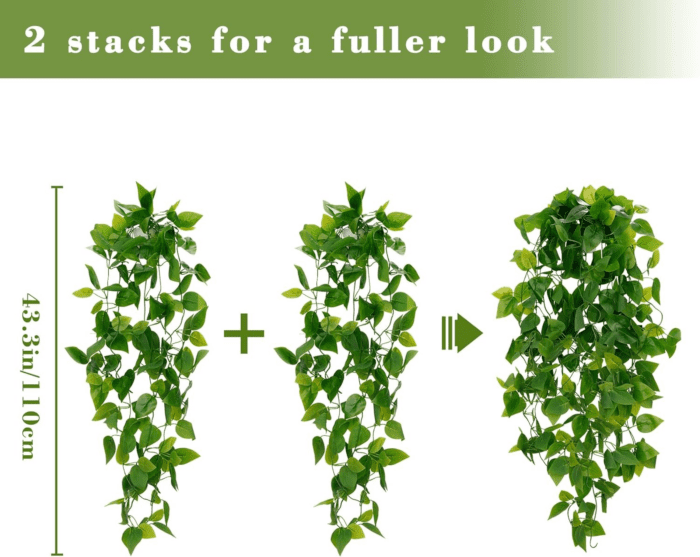 Fake Hanging Plants, 2Pcs Artificial Hanging Plant, Faux Pothos Vines Hanging Plant Greenery for Wall Home Living Room Indoor Outdoor Decor (No Baskets) - Image 2