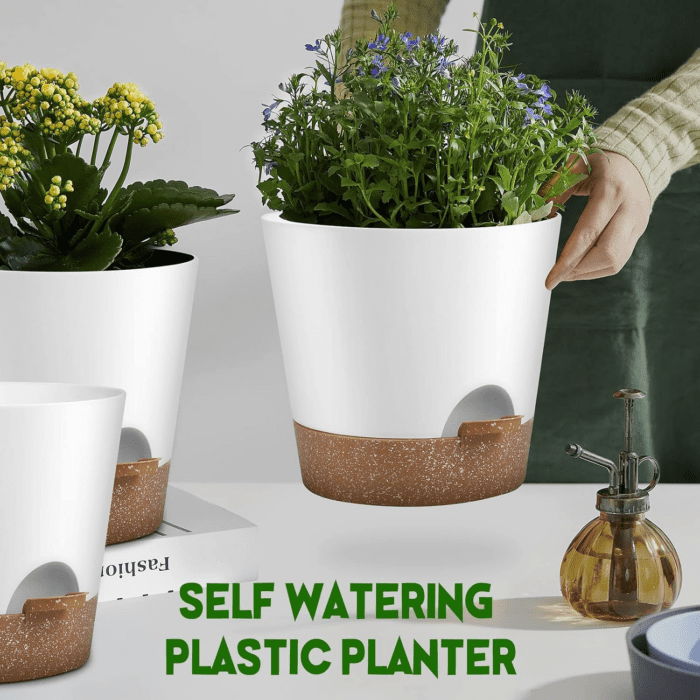 Indoor Outdoor Plant Pots- Self Watering Planters with Drainage Holes and Saucers, 9,8, 7.5 Inches, 3 Pots (Snow) - Image 5