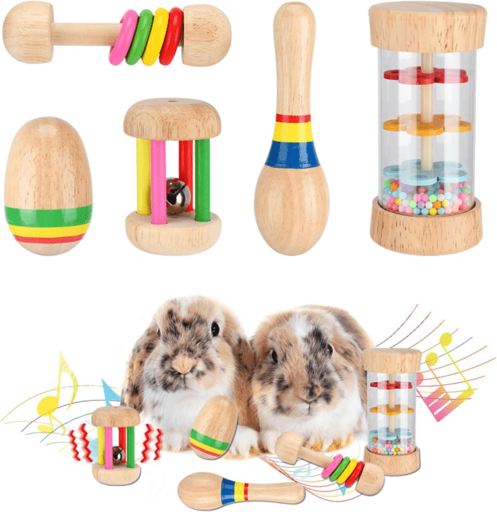 5 Pcs Wooden Bunny Toys - Safe Rabbit Toys, Multi-Colored Bite-Resistant Guinea Pigs Toys for Chinchillas Hamsters Small Animals Playing Indoor Outdoor Bunny Gifts