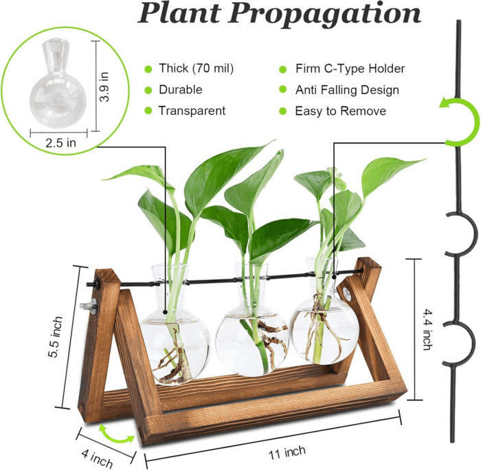 Plant Propagation Station, Plant Terrarium with Wooden Stand, Unique Gardening Birthday Gifts for Women Plant Lovers, Home Office Garden Decor Planter - 3 Bulb Glass Vases - Image 3