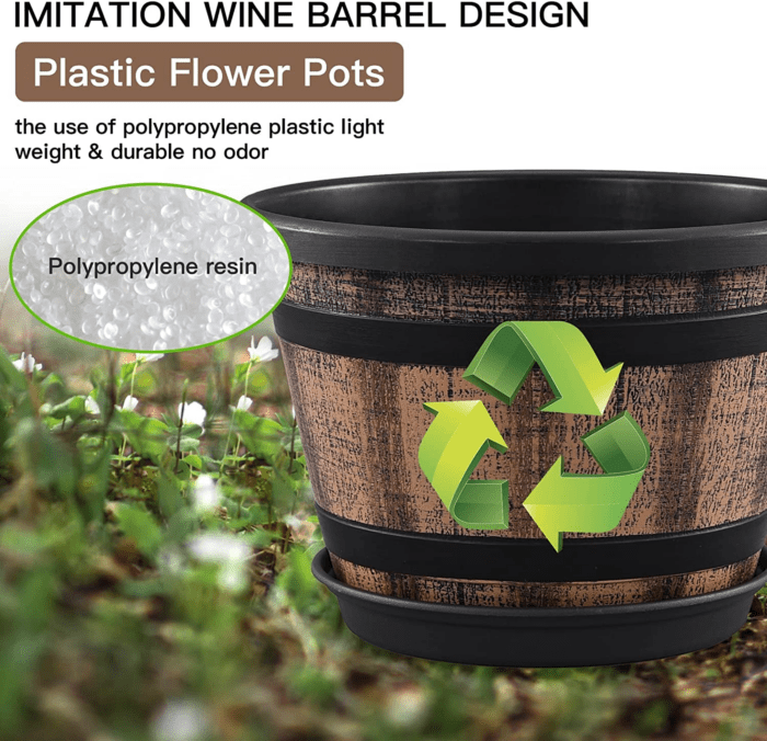 3 Pack 10 Inch Plant Pots,Whiskey Barrel Planters with Drainage Holes & Saucer, Plastic Decoration Flower Pots Imitation Wine Barrel Design, for Indoor & Outdoor Garden Home Plants (Brown) - Image 4