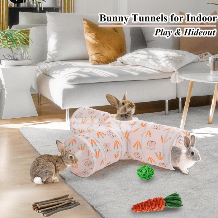 Rabbit Toys, Bunny Tunnels & Tubes, Collapsible 3 Way Rabbit Hideout Tunnel with Chew Toys for Rabbit Bunny Guinea Pig Ferret Kitten - Image 2