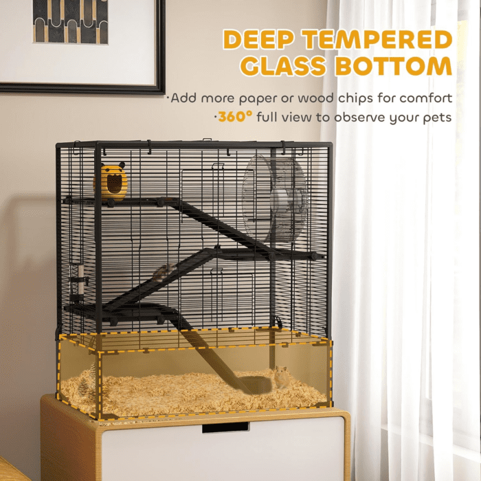 Large Hamster Cage with Deep Tempered Glass Bottom, 4 Tiers Hamster Tank with Running Wheel, Hut, Water Bottle, Dish, Rat Cage for Syrian, Dwarf, Gerbils, Mouse, 31" X 19" X 31.5", Black - Image 3