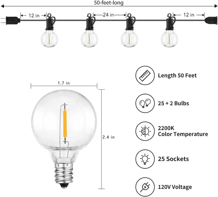 Outdoor String Lights - Connectable Dimmable LED Patio String Lights with G40 Globe Plastic Bulbs, All Weatherproof Hanging Lights for outside Backyard Porch (50 Ft - 25 LED Bulbs) - Image 5