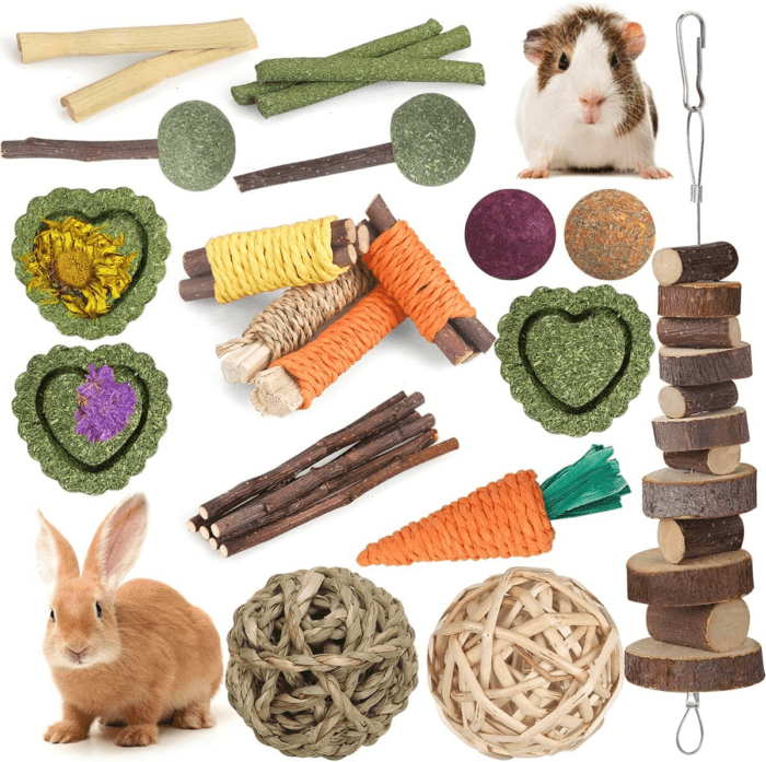 Rabbit Toys Bunny Toys 26Pcs Natural Timothy Hay Sticks Apple Wood Sticks Handmade for Guinea Pig Hamster Rat Chinchilla