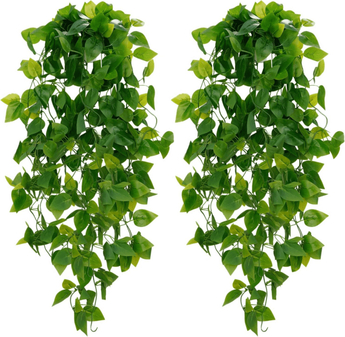 Fake Hanging Plants, 2Pcs Artificial Hanging Plant, Faux Pothos Vines Hanging Plant Greenery for Wall Home Living Room Indoor Outdoor Decor (No Baskets)