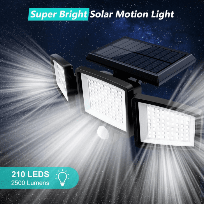 Solar Outdoor Lights 2500LM 210 LED Security Lights with Remote Control,3 Heads Motion Sensor Lights, IP65 Waterproof,270° Wide Angle Flood Wall Lights with 3 Modes(2 Packs) - Image 8