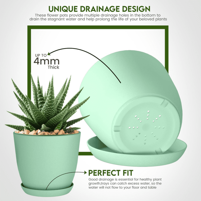 - Plant Pots Indoor with Drainage - 7/6.6/6/5.3/4.8 Inches Home Decor Flower Pots for Indoor Planter - Pack of 5 Plastic Planters for Indoor Plants, Cactus, Succulents Pot - Mint - Image 4