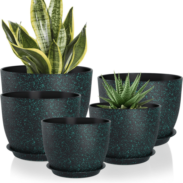 Plant Pots 10/9/8/7.5/7 Inch Set of 5,Flower Pots with Multi Mesh Drainage Holes, Large Planters for Indoor Outdoor Garden Plants and Flowers. (Green Speckles)