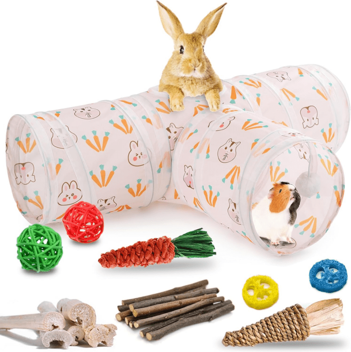 Rabbit Toys, Bunny Tunnels & Tubes, Collapsible 3 Way Rabbit Hideout Tunnel with Chew Toys for Rabbit Bunny Guinea Pig Ferret Kitten