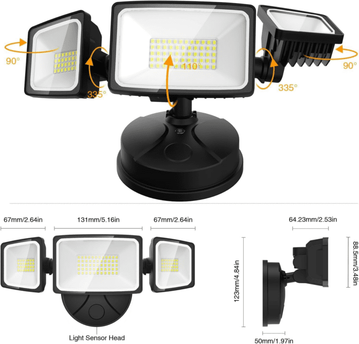 60W Flood Lights Outdoor, 6000LM Brightness Security Lights Switch Controlled, 3 Adjustable Heads, IP65 Waterproof, 6500K Wall Mount Exterior LED Flood Light - Image 8