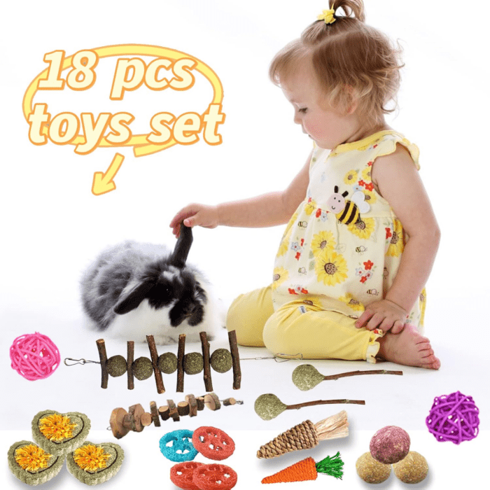 18 PCS Bunny Toys, Rabbit Toys Guinea Pig Toys Natural Apple Wood Grass Timothy Sticks Chew and Treat for Guinea Pigs Hamster Chinchillas - Image 3