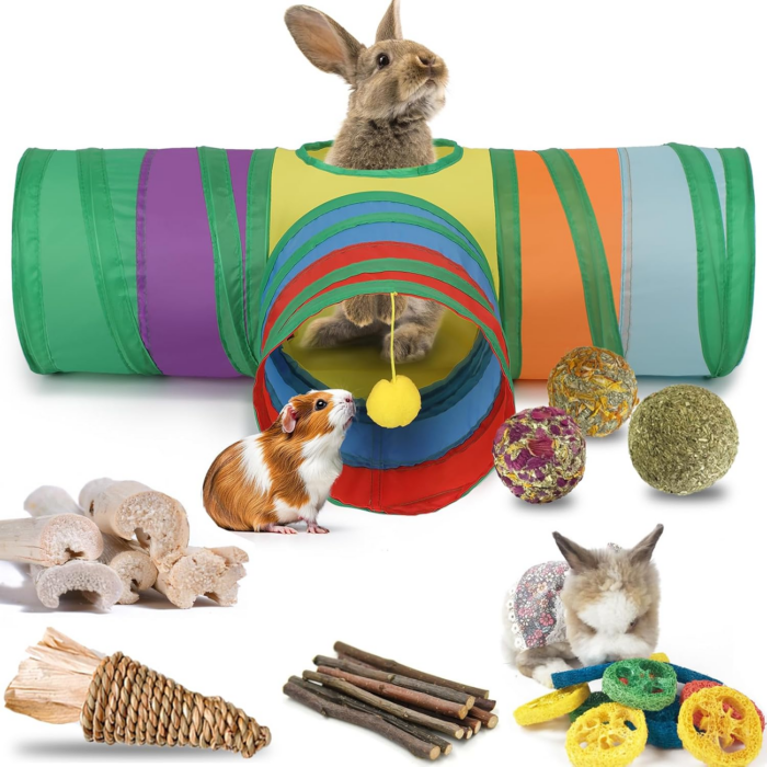 Rabbit Toys, Bunny Tunnels and Tubes with Chew Toys for Grinding Teeth Apple Sticks Bamboo Carrot Loofah and Grass Ball for Rabbit Guinea Pig Chinchilla Ferret Rat