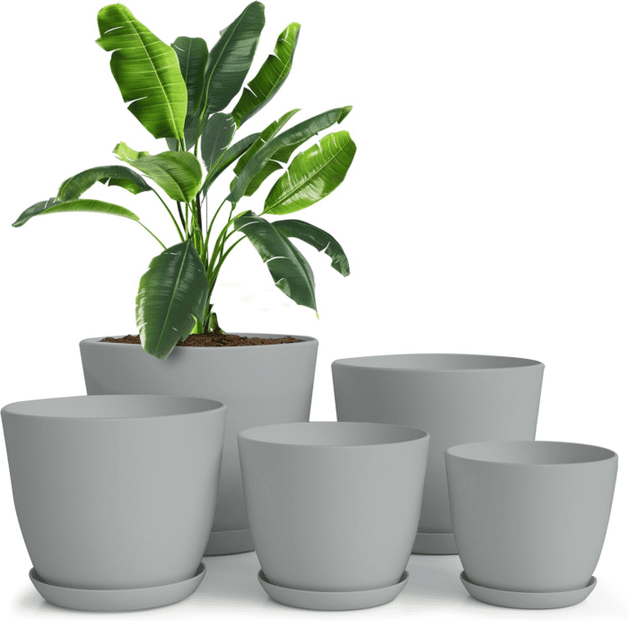 - Plant Pots Indoor with Drainage - 7/6.6/6/5.3/4.8 Inches Home Decor Flower Pots for Indoor Planter - Pack of 5 Plastic Planters for Indoor Plants, Cactus, Succulents Pot - Gray