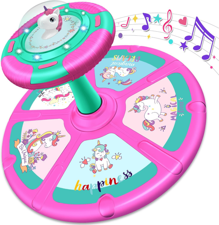 Unicorn Sit and Spin Toy for Toddlers Girls Ages 1-3 2-4, Birthday Gift for 2 3 4 Years Old Girl, 360° Spin Seat Kids Indoor Interactive Sensory Toy with LED & Music