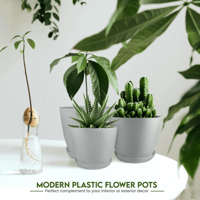 - Plant Pots Indoor with Drainage - 7/6.6/6/5.3/4.8 Inches Home Decor Flower Pots for Indoor Planter - Pack of 5 Plastic Planters for Indoor Plants, Cactus, Succulents Pot - Gray - Image 5