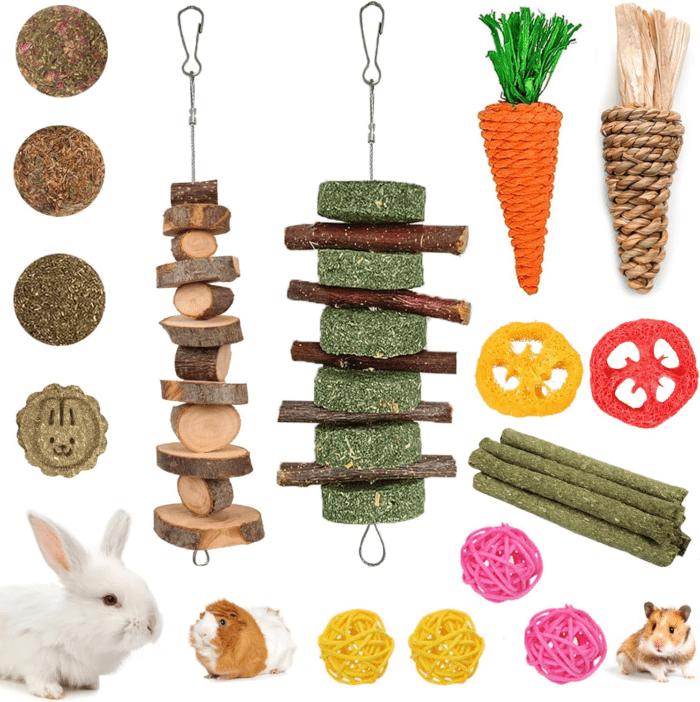 20 PCS Bunny Chew Toys for Teeth, Natural Rabbit Toys Apple Wood Grass Timothy Sticks Chew and Treat for Guinea Pigs Hamster Chinchillas