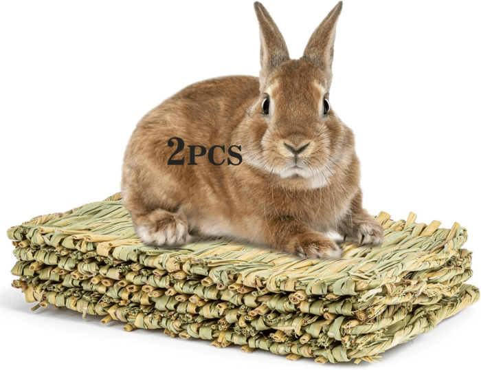 2 PCS Rabbit Grass Mats - Natural Hay Woven Bunny Rabbit Bad Cage Mats Pet Bedding Cooling Sleeping Nesting & Toys for Hamster Bunny Chinchilla Guinea Pig Mouse Bird and Other Small Animal