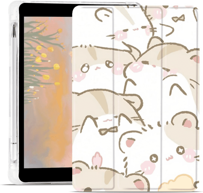 Cute Cartoon Hamster Pad Case for Ipad Mini 4/Ipad Mini 5 7.9 Inch with Pencil Holder, Trendy Smart Stand Foldable Leather Protective Cover, Auto Wake/Sleep