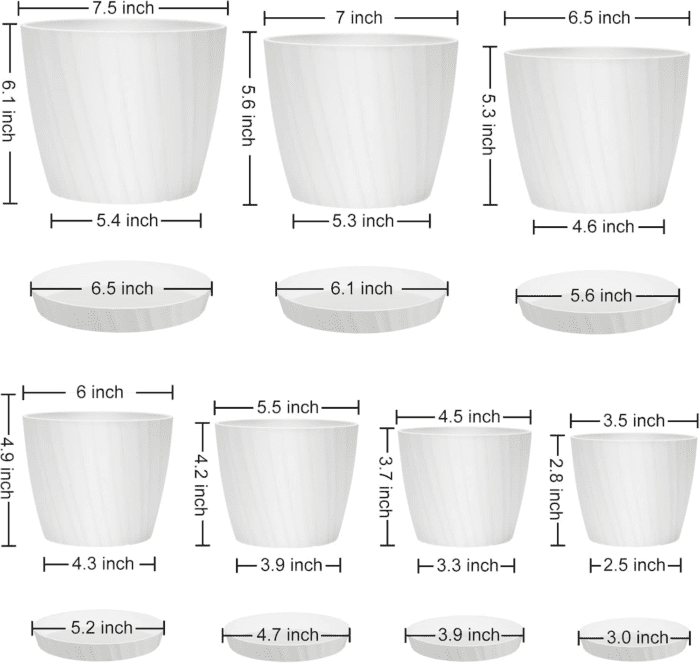 7 Pcs Plant Pots with Drainage Holes and Saucers, Indoor Planters, Set of 7 (7.5, 7, 6.5, 6, 5.5, 4.5, 3.5 Inches), White - Image 5