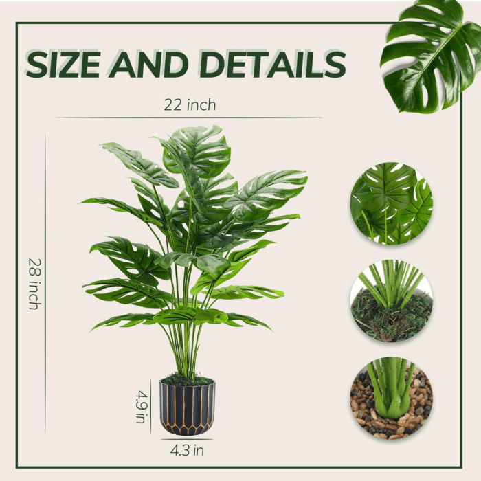 Fake Plants Tall 28'' Artificial Monstera Faux Plants Indoor for Living Room Home House Decor - Image 2