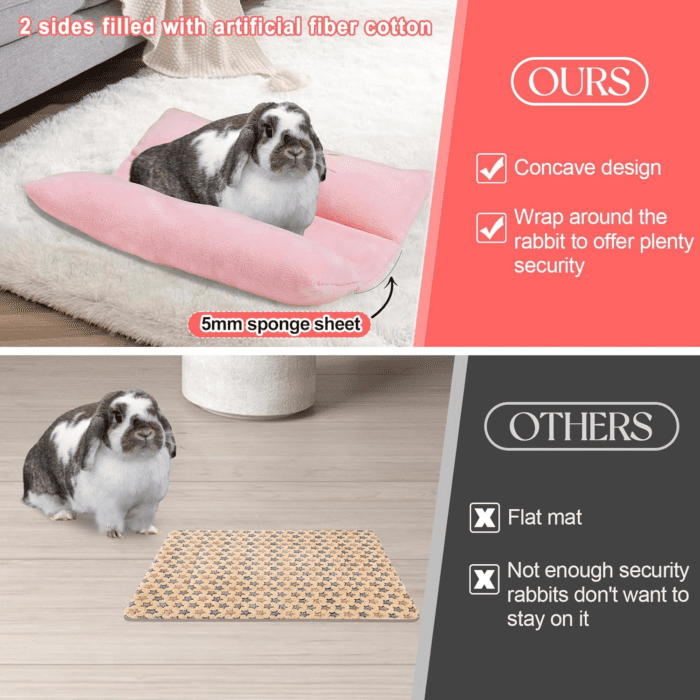 15.7 X 14In Rabbit Bed, Thickened Soft Bunny Bed, Cuddle Cushion Plush Mat with Cotton Lounger Pillows, Small Pet Flop Mat for Cage Sleeping Indoor, Pink - Image 2