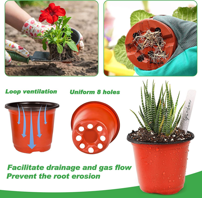 4" Small Plastic Plant Nursery Pot/Pots (100Pcs Pots and 100Pcs Plant Labels) Seedlings Flower Plant Container (Red) Seed Starting Pots Indoor Outdoor - Image 3