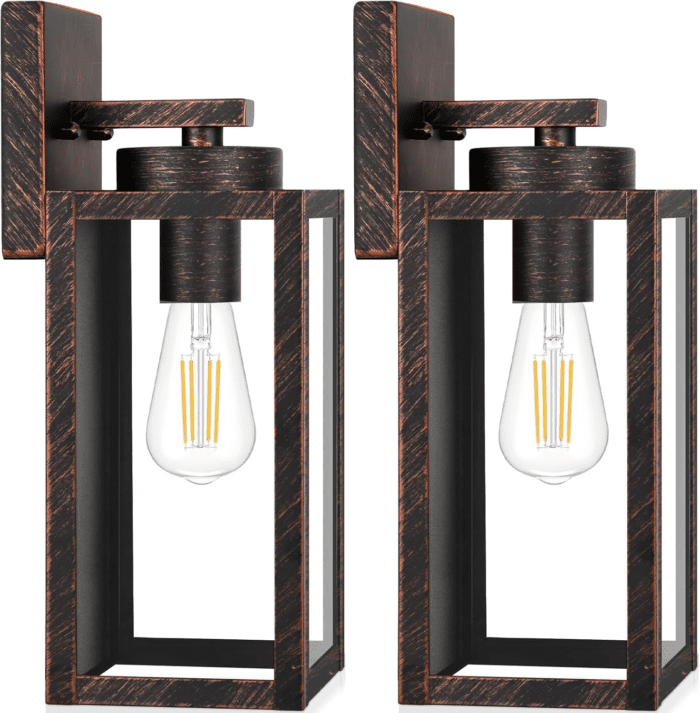 2-Pack Outdoor Wall Light Fixtures, Exterior Waterproof Wall Lanterns, Porch Sconces Wall Mounted Lighting with E26 Sockets & Glass Shades, Modern Wall Lamps for Patio Front Door, Brown