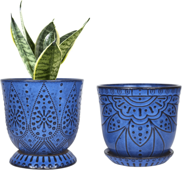 6 Inch Beaded Ceramic Planter Set of 2 with Drainage Hole and Saucer for Plants, Indoor-Outdoor Large round Succulent Orchid Flower Pot (Blue, for Inner-Pots Not Larger than 5 Inch)