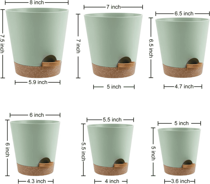 Indoor Self Watering Planters with Drainage Holes and Saucers, 8, 7, 6.5, 6, 5.5, 5 Inches, Green, 6 Pots - Image 4