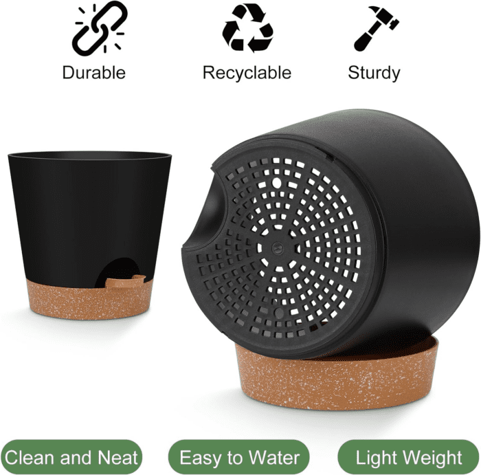 Indoor Self Watering Planters with Drainage Holes and Saucers, 8, 7, 6.5, 6, 5.5, 5 Inches, Black, 6 Pots - Image 3